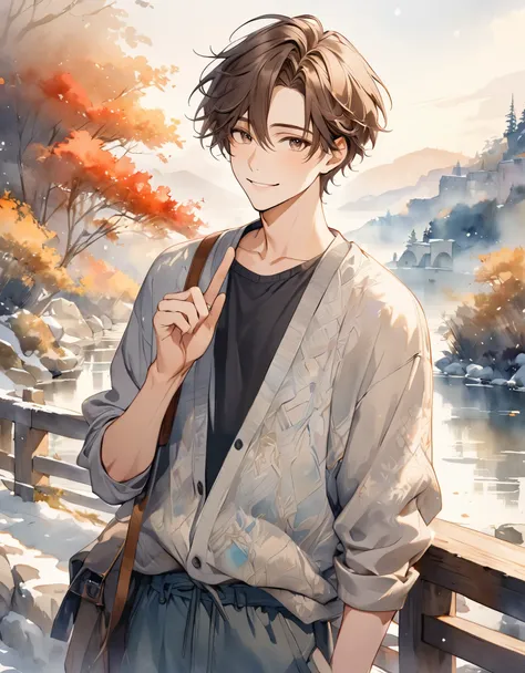 Artwork of a casually dressed, 20 year old man. With a beautiful, radiant smile (with a slightly cold, chilly expression), he exudes the vibe of a man waiting for his lover. The background is soft, ((a dreamy watercolor landscape)) ((reminiscent of a famou...