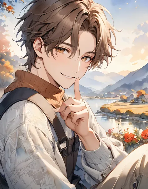 Artwork of a casually dressed, 20 year old man. With a beautiful, radiant smile (with a slightly cold, chilly expression), he exudes the vibe of a man waiting for his lover. The background is soft, ((a dreamy watercolor landscape)) ((reminiscent of a famou...