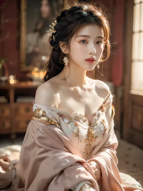 Best Quality, Masterpiece, Ultra High Resolution, (Realisticity: 1.4), Original Photo, 1girl, Pink Off-the-Shoulder, Cinematic Lighting,the whole body,full body (1:3), chest upright