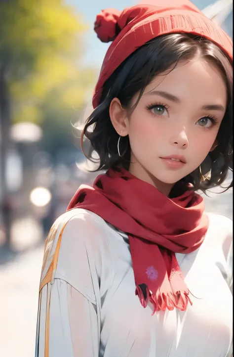 
short black_hair, blurry, blurry_background, blurry_foreground, bokeh, green_eyes, blushing, , cosplay_photo, depth_of_field,, lips, greek port, front view,, colourful beany, striped scarf and christmas jersey