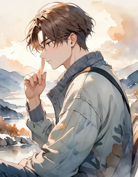 Artwork of a 20 year old male in casual clothing. A beautiful profile, (slightly cold and dispassionate expression) exudes the vibe of a man waiting for his lover. The background is soft, ((a dreamy watercolor landscape)) ((reminiscent of a masterpiece by ...