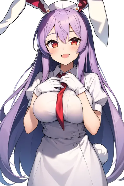 1girl,bangs,(((reisen udongein inaba))),long_hair,solo,blush,simple_background,white_background,breasts,large_breasts,open_mouth,animal_ears,eyebrows_visible_through_hair,smile,gloves,red_eyes,looking_at_viewer,huge_breasts,pink_hair,(((nurse))),cowboy_sho...