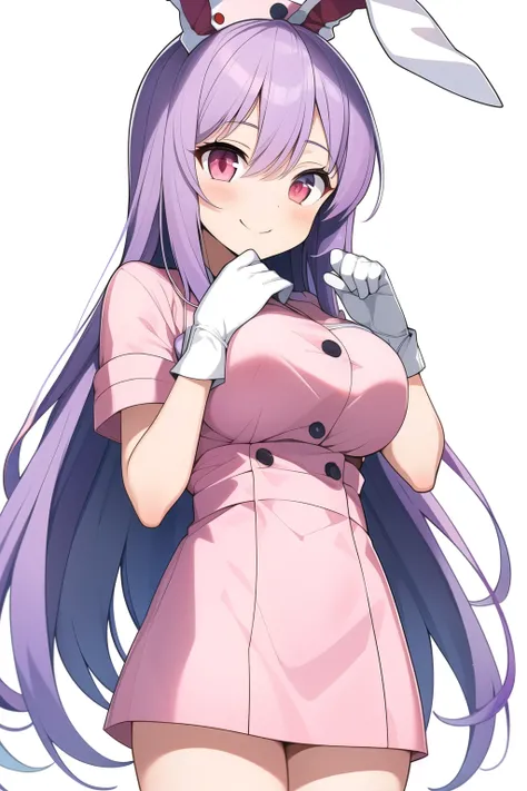 1girl,bangs,(((reisen udongein inaba))),long_hair,solo,blush,simple_background,white_background,breasts,large_breasts,open_mouth,animal_ears,eyebrows_visible_through_hair,smile,gloves,red_eyes,looking_at_viewer,huge_breasts,pink_hair,(((nurse))),cowboy_sho...