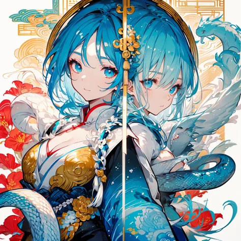 A highly detailed 、 surrealistic illustration ，Cyan and White，Depicts two beautiful snake girls dressed in traditional Chinese Hanfu，Zodiac symbols， celebrating the Chinese New Year ， depicts a beautiful snake girl in a traditional Chinese ink painting sty...