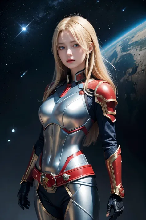 One beautiful woman。Detailed drawing of the face。 Blonde Blue Eyes 。Twenty years old。 shes staring at the camera with a defiant expression 。She fits her metallic body perfectly and wears red armor。 There is something on her waist reminiscent of a Kamen Rid...