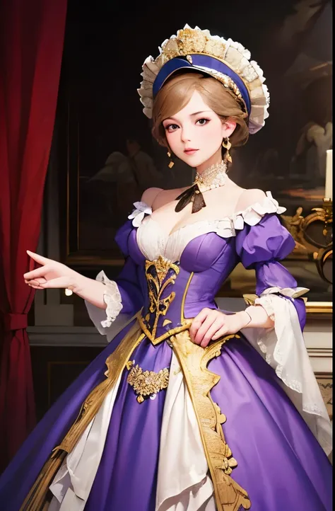 a woman in a purple dress and hat is posing for a picture, a portrait inspired by Jean-Baptiste van Loo, tumblr, rococo, dress in the style of rococo, rococo queen, rococo fashion, rococo dress, historical baroque dress, royal gown, rococo baroque, full dr...