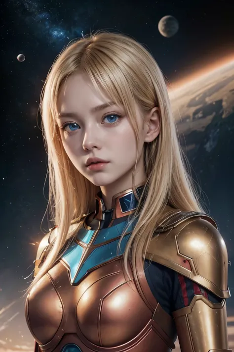 One beautiful woman。Detailed drawing of the face。 Blonde Blue Eyes 。Twenty years old。 shes staring at the camera with a defiant expression 。She fits her metallic body perfectly and wears red armor。 There is something on her waist reminiscent of a Kamen Rid...