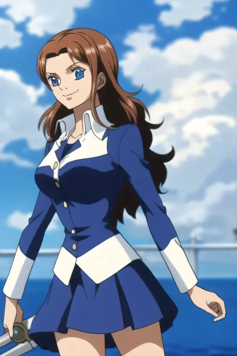 Ai shindou, 1girl, solo, long hair, floating hair, blue skirt, blue uniform, brown hair, long sleeves, blue sea eyes, staring to the side, smile, blue cape, pirate music hat, cowboy Shot, take a saber, rapier sword, ship on the sea, masterpiece, high quali...