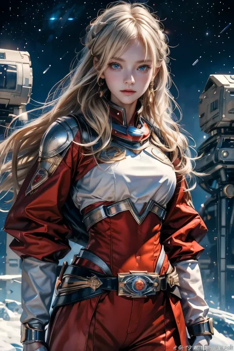 Image of her upper body up 。One beautiful woman。Detailed drawing of the face。 Blonde Blue Eyes 。Twenty years old。 shes staring at the camera with a defiant expression 。She fits her metallic body perfectly and wears red armor。 There is something on her wais...