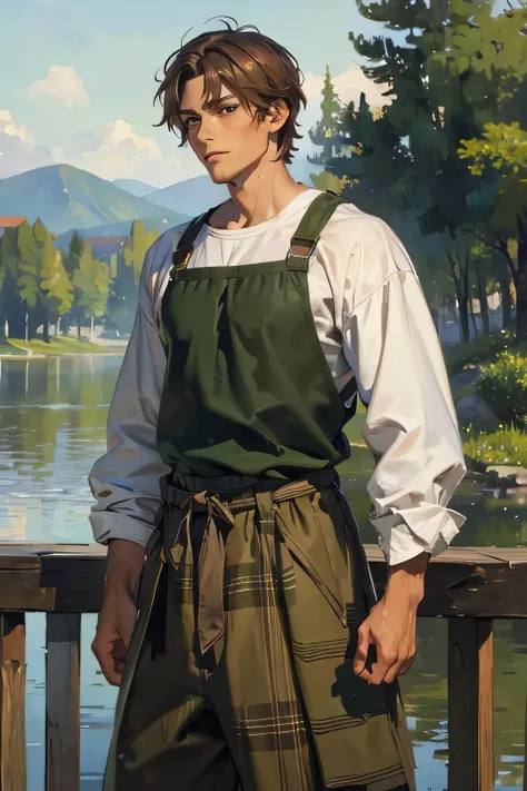 Male, brown hair, muscular, tan, green eyes, tired, baggy clothes, flannels, post-Impressionist, High Resolution, Masterpiece, Accurate, Best Quality