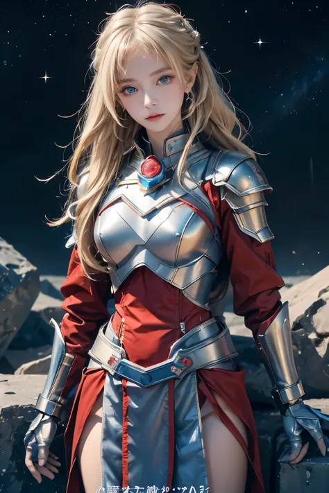 Image of her upper body up 。One beautiful woman。Detailed drawing of the face。 Blonde Blue Eyes 。Twenty years old。 shes staring at the camera with a defiant expression 。She fits her metallic body perfectly and wears red armor。 There is something on her wais...