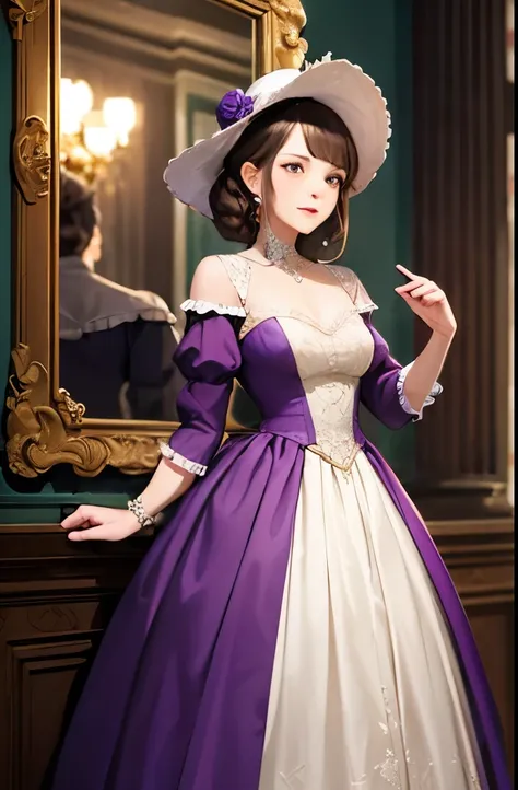 a woman in a purple dress and hat is posing for a picture, dress in the style of rococo, rococo queen, rococo fashion, rococo dress, historical baroque dress, royal gown, rococo baroque, full dress, aristocratic appearance, # rococo, baroque hibiscus queen...