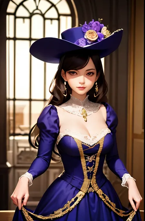 a woman in a purple dress and hat is posing for a picture, dress in the style of rococo, rococo queen, rococo fashion, rococo dress, historical baroque dress, royal gown, rococo baroque, full dress, aristocratic appearance, # rococo, baroque hibiscus queen...