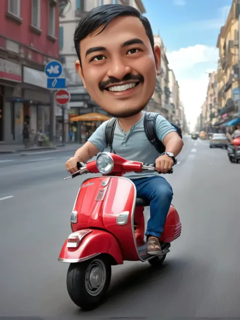 arafed man riding a red scooter down a city street, riding on the moped scooter, caricature!!!, riding a motorbike down a street, without helmet, inspired by Rudy Siswanto, telegram sticker, inspired by Oka Yasutomo, inspired by Italo Mus, portait photo pr...