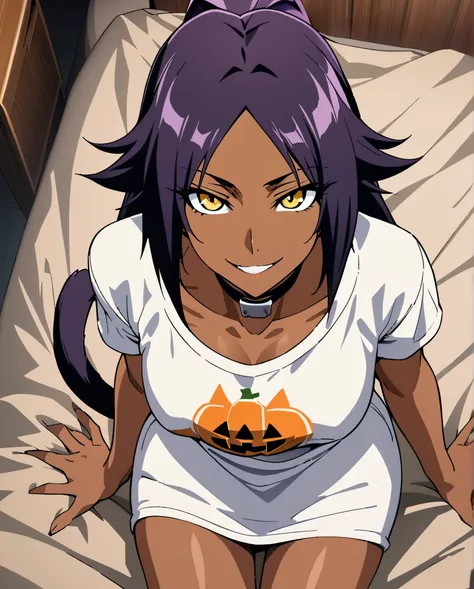 1girl, anime, illustration, Shihouin Yoruichi, Bleach, detailed face, purple hair, perfect yellow eyes,(dark skin), tanned, Halloween t-shirt, tight fitting,neck choker, cat tail, looking at viewer, sitting on knees, spreaded knees, palm on a bed , both ha...