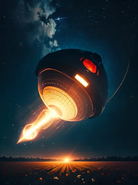 a large alien spaceship flying over a field at night, a hologram by Dennis Ashbaugh, shutterstock, surrealism, ufo abduction, ufo aliens, ufology, ufo landing, alien mothership in the sky, of a ufo propulsion system, alien spaceship, ufo lighting, alien ab...