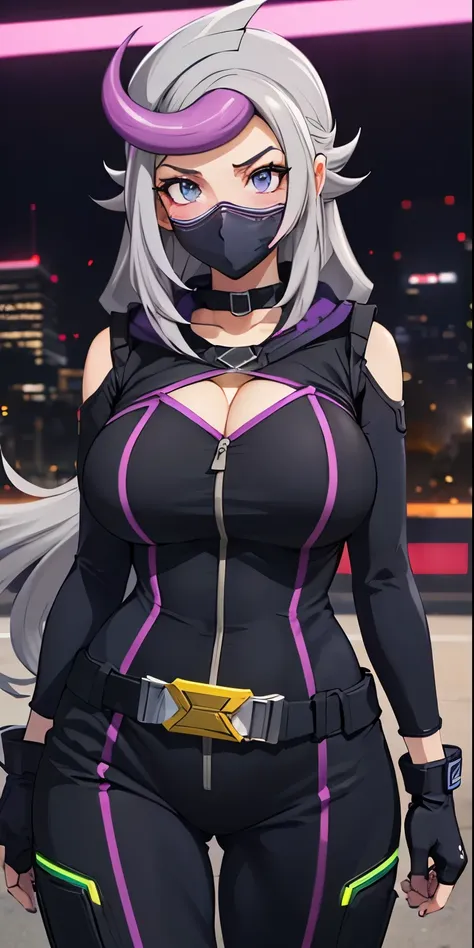 1 Female,High definition,high resolution,Ultra-realistic,8K, 1girl,  (emma_bessho:1.2),  (grey hair:1.2),(  purple hair:1.2),  grey eyes,  low-tied long hair,  (large breasts:1.2),  (wide hips:1.2),  (purple bodysuit:1.2),  (long sleeves:1.2),  (pants),  (...