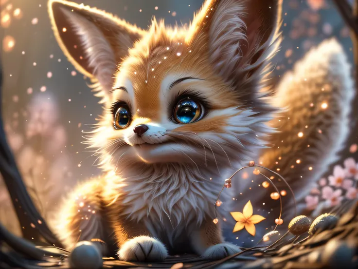 Magical Fantasy Creature, (Best Quality, Masterpiece, Representative Work, Official Art, Professional, Ultra Fine Detail, 8k:1.3), (Photorealism:1.2), Fox Spirit, Super Cute, Big Eyes, Soft, Delicate Nose, Fluffy, Two-Toothed Smile, Cute Fennec Fox Ghost, ...