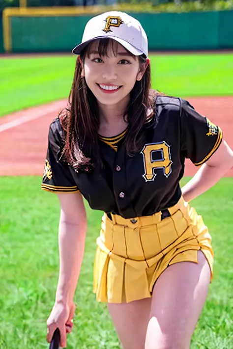 ((best quality)), ((masterpiece)), (detailed), 1girl,baseball player on baseball stadium,((clothed:1.1)),(Pittsburgh Pirates uniform),sexy black with yellow and white baseball uniforms,wearing black with yellow baseball cap ,baseball mittens ,hold baseball...