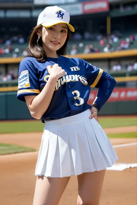 ((best quality)), ((masterpiece)), (detailed), 1girl,baseball player on baseball stadium,((clothed:1.1)),(Milwaukee Brewers uniform),sexy blue and white baseball uniforms,wearing blue with yellow baseball cap ,baseball mittens ,hold baseball bats,(pleated ...