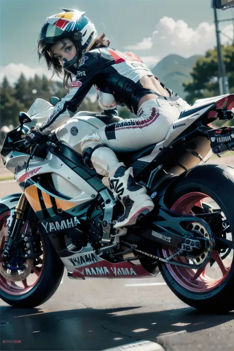 yamaha r1z, the racer girl, best quality, ultra wide angle, small breasts,  brown skin, wearing alpine star racing boots,