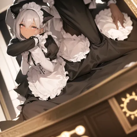 anime,chocolate dark-skinned female,cat ears wearing a maid outfit, Eye color is amber ,Background inside the mansion,The composition is stylish. A close-up, low-angle view of a young maid kneeling on the floor, looking directly into the camera with a soft...