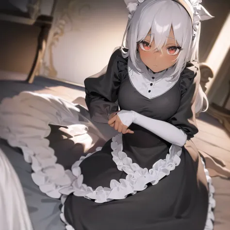 anime,chocolate dark-skinned female,cat ears wearing a maid outfit, Eye color is amber ,Background inside the mansion,The composition is stylish. A close-up, low-angle view of a young maid kneeling on the floor, looking directly into the camera with a soft...