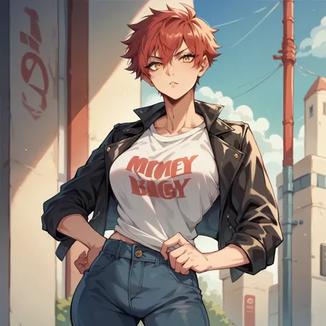 a mature tomboy with red hair and golden eyes. they have black jeans on with a white t-shirt. she also has a black leather jacket. athletic build.