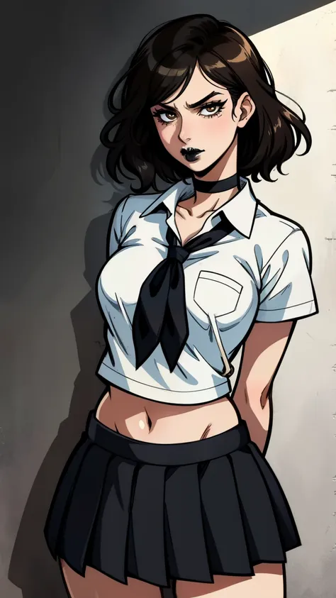 (masterpiece, best quality, ultra-detailed, intricate), view from front, cowboy shot, young, black hair, wavy hair, short hair, brown eyes,   sexy, skinny figure, (black lipstick), lashes, eyeliner, black choker, school uniform, white shirt, black skirt, b...