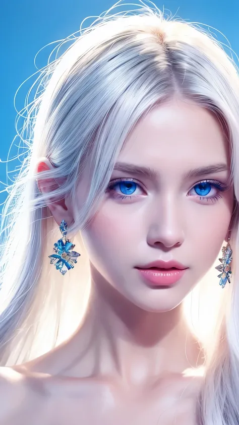 minimalist，fashion girl，white hair，blue background，Wearing special earrings，Bohemian style，Defined eyelashes，Full bright blue eyes，Clean and transparent eyes，close up，Portrait facing camera，Smile flat illustration，Geometry，clean，japanese manga