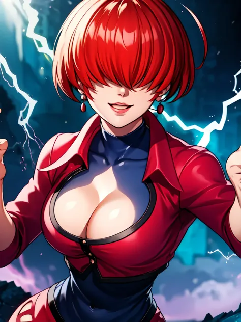 black and thunder background,
Red outfit,Red jacket,choker, cleavage cutout, clothing cutout, 
earrings,close mouth,
Red hair,bangs,((hair over eyes)),,five finger,
1 girl, 20yo,Young female,upper body,Beautiful body,Beautiful Nose,perfectl hands,perfect f...