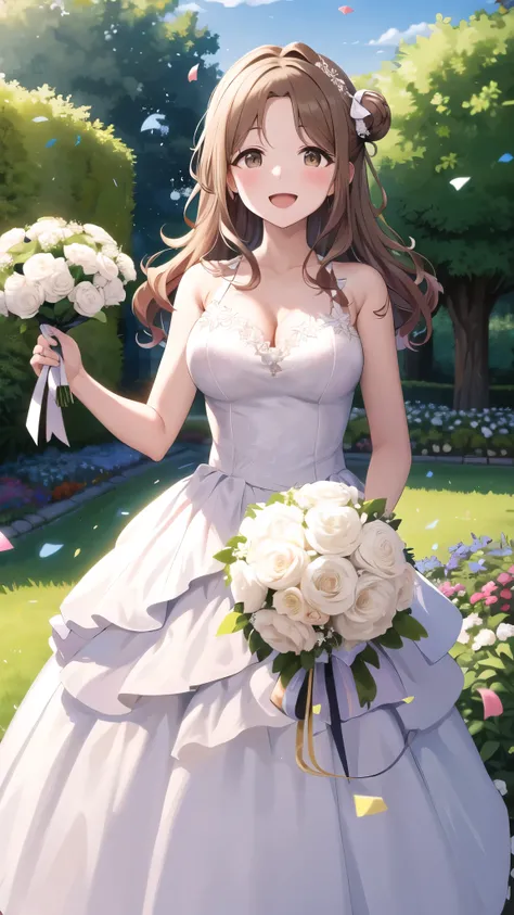 masterpiece, best quality, highres, hmhinana, long hair, single side bun, hair ribbon, wedding dress, standing, garden, confetti, holding bouquet, smile, open mouth,