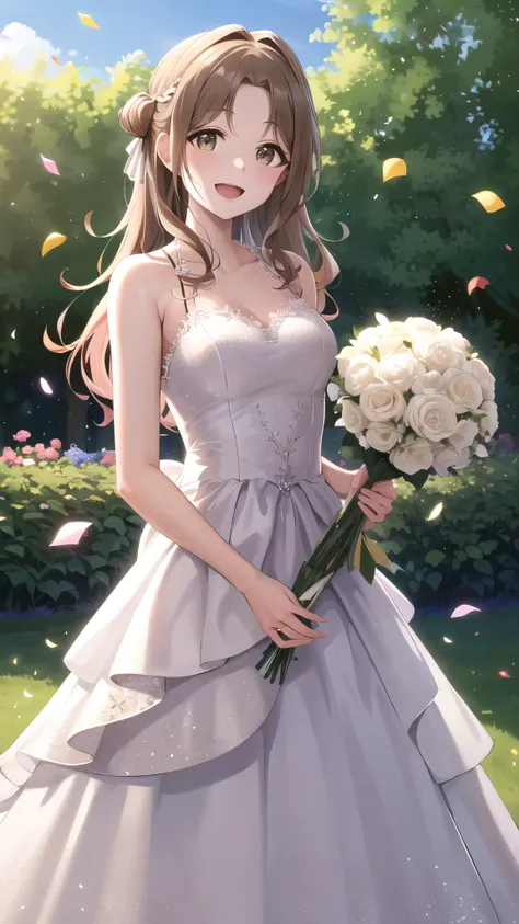 masterpiece, best quality, highres, hmhinana, long hair, single side bun, hair ribbon, wedding dress, standing, garden, confetti, holding bouquet, smile, open mouth,