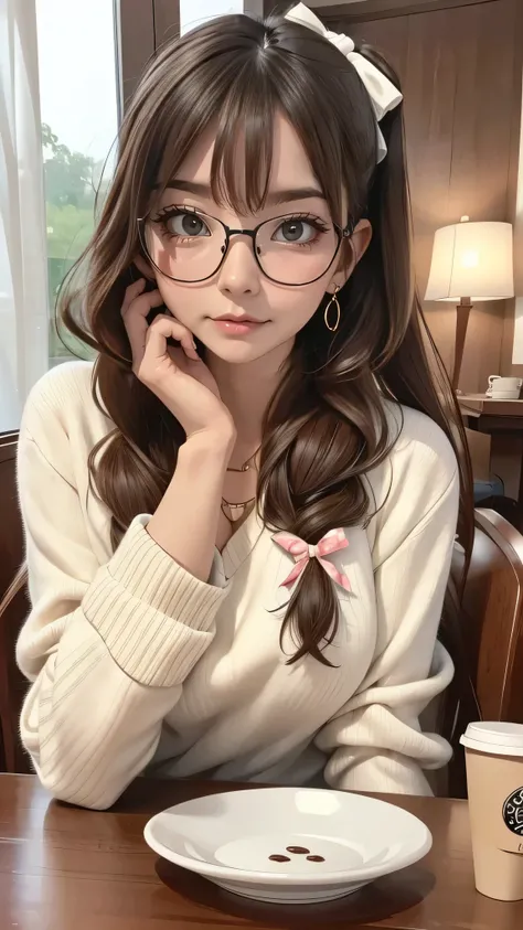 masutepiece, Best Quality, 1girl in, Solo, Long hair, put on glasses，window, Sitting, Indoors, The table, sleeves past wrists, cafes, coffee cup，Hair Bow, head rest, Closed mouth, Blue sweater, Upper body