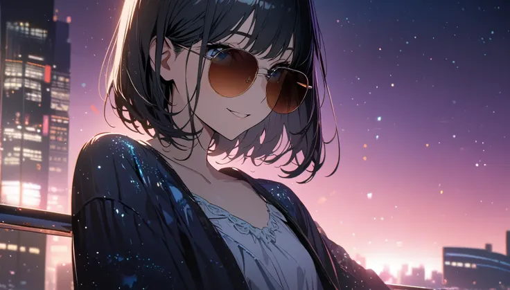 one girl,black hair and bob hair、beautiful blue eyes、smile、gentle smile on her face、flat chest, one Beautiful girl,((masterpiece, illustration, best quality) ((ultra-detailed)), a girl wearing sunglasses (sunglasses), Behind is the cityscape in the evening...