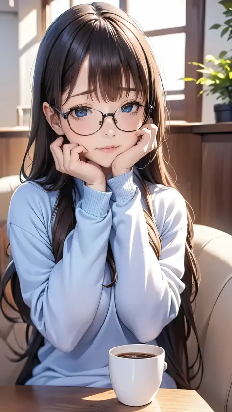 masutepiece, Best Quality, 1girl in, Solo, Long hair, put on glasses，window, Sitting, Indoors, The table, sleeves past wrists, cafes, coffee cup，Hair Bow, head rest, Closed mouth, Blue sweater, Upper body