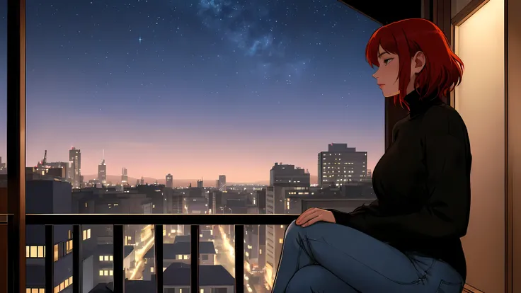 "A young woman with short, red hair sits on the edge of a balcony at night, gazing out over a quiet neighborhood illuminated by distant city lights. She is wearing a white turtleneck and jeans, with one hand casually tucked into her pocket as she sits in a...