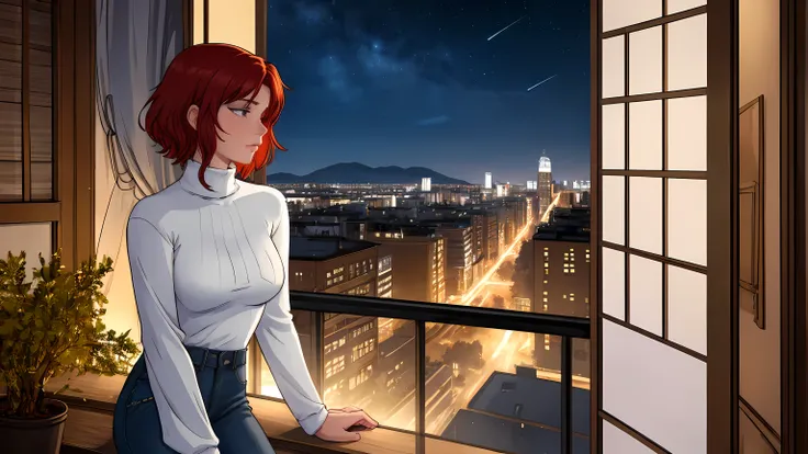 "A young woman with short, red hair sits on the edge of a balcony at night, gazing out over a quiet neighborhood illuminated by distant city lights. She is wearing a white turtleneck and jeans, with one hand casually tucked into her pocket as she sits in a...