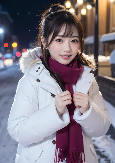 (Best Quality、masterpiece、8k、  best image quality、ãã¤ãã¼ãªã¢ãªãºã、Award-winning works)、 1 girl、(Elegant fur coat:1.1)、(The perfect pink scarf:1.1)、Soft and delicate light、Of dramatic lighting、Romantic snowy night city、 Romantic Christmas lights 、Beautiful ...