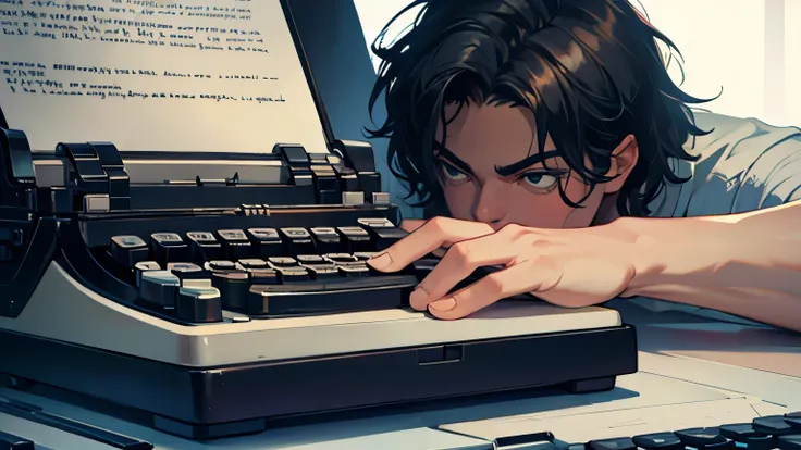 Michael Jackson typing on an old typewriter, reflecting while actively typing