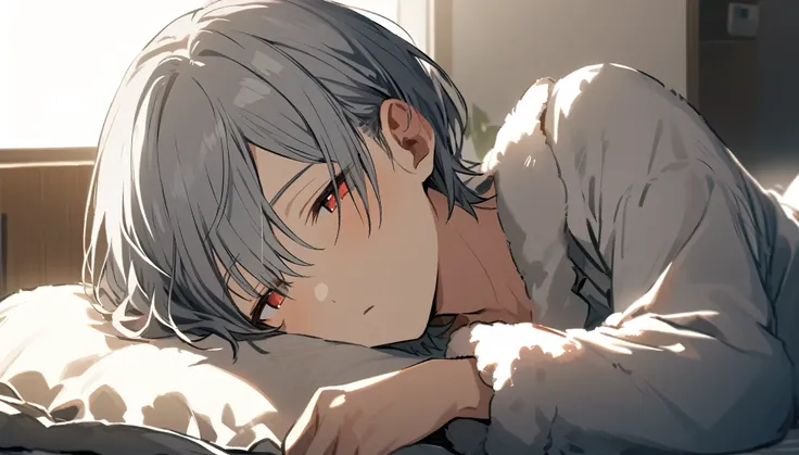  handsome, Alone, 1 male, Gray Hair, Red eyes,  Long Sleeve , white fluffy pajamas, noon, White Light,cute目, Short Hairstyle ,cute, background with bed ,bedroom,, bright , looking at camera, lying down,In the futon, wearing pajamas,Sweet face,Co-sleeping p...