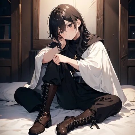 Solo character, shy, full body, young boy, boy face, young male face, black eyes, black color hair, long hair, casual clothing, white color clothing, brown poncho, brown pants, boots, medieval, detailed background, detailed clothing, detailed hair, dagger,...