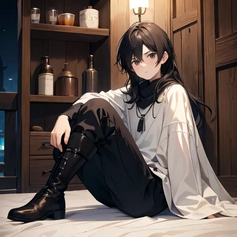 Solo character, shy, full body, young boy, boy face, young male face, black eyes, black color hair, long hair, casual clothing, white color clothing, brown poncho, brown pants, boots, medieval, detailed background, detailed clothing, detailed hair, dagger,...