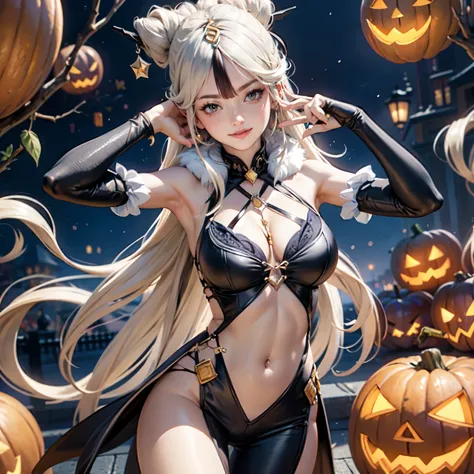 1girl, dress, jewelry, blonde hair, glow hair, flowing hair, ahoge, armpits, large witch hat, witch costume, bare shoulders, glow eyes, witch costume for Halloween, Halloween theme, chest sarashi, claw pose, tassel, collarbone, cowboy shot, cute ghost, hai...