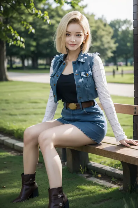 android 18,blonde hair, short hair, blue eyes, wearing earrings, long sleeves, Mini denim skirt, Black round tee with open chest, Big breasts, denim jacket, belt, pantyhose, boots, looking at viewer, serious, smiling, sitting, on bench, slouching, outside,...