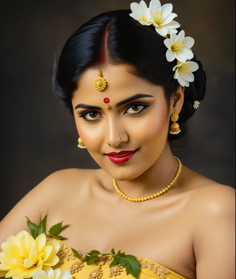 there is a woman in a yellow dress with a flower in her hair, inspired by Raja Ravi Varma, photo taken with nikon d 7 5 0, photo taken with nikon d750, actress, movie stills photography, traditional beauty, glamour shot, taken with sony alpha 9, mami wata,...