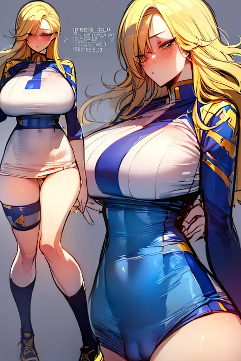 ((masterpiece)),((( best quality ))),((Character Drawing Sheet)),(( rough sketch )),((vulgar)), thick thighs ,1 ,Blonde hair,big ,((between the breasts)),pussy juice,wearing a wet sexual soccer uniform and soccer cleats,half-lifted shirt,milking