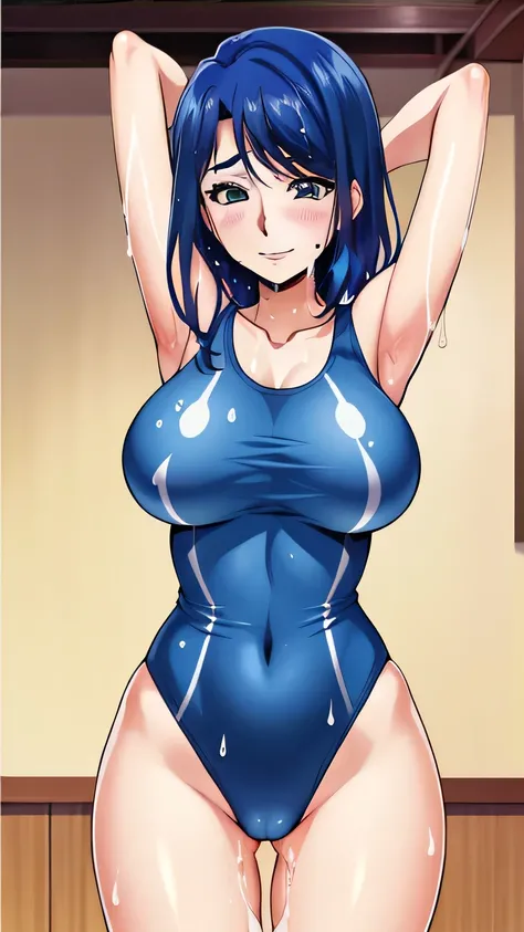 Best Quality,  high resolution on down, 〚( anime screen capture),  anime color , 2D, cheer up, Big Eyes, bedroom, 1 adult female, sex worker 、  Slim Body 、Karen Minazuki, (Super big breasts:1.4),  Green Competition Swimsuit,  orgasm, blush, ( is embarrassi...