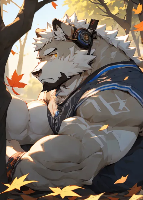 （masterpiece），（ very detailed ），（ best quality ），hairy，wolf，gray fur， white hair， golden pupils ， muscular，（（casual clothing，Shorts）），((convex))， Back to the tree ，wears headphones ， The expression is sad ，( fallen leaves 1 .1)，( Side view Close-up 1.2)，8k...