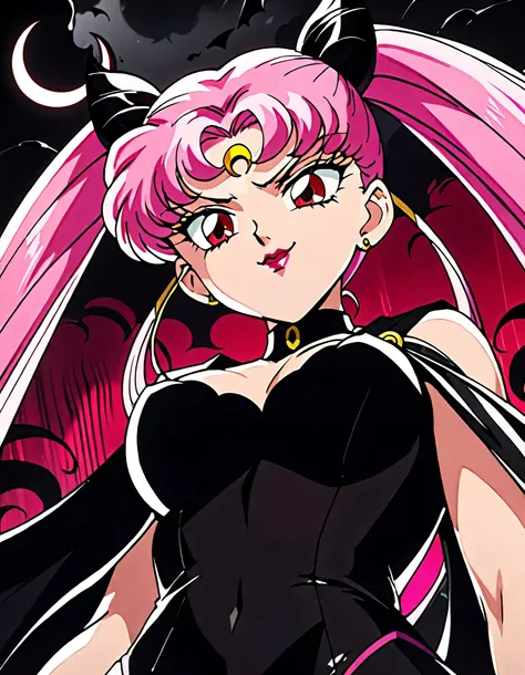 sailor moon wicked lady, pink hair, red eyes, ,  black crescent moon mark on forehead , very evil smirk,beautiful body,shaded fa...